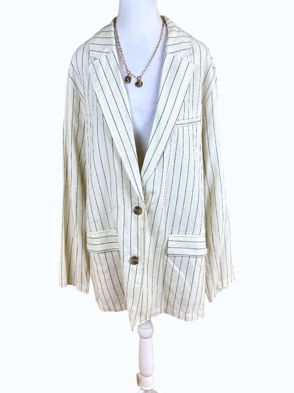 Gap Linen Blazer Cream Black Stripe Single Breasted Plus 2024 (2XL)